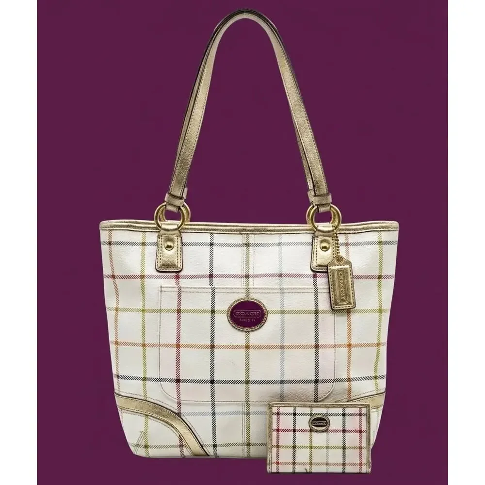 🌟 NWOT Coach Peyton Tattersall Plaid Tote Bag & Matching Wallet Set 🌟